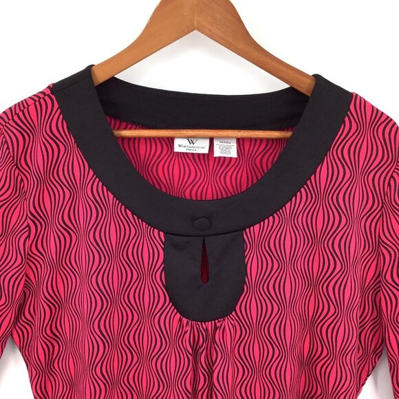 Worthington Women's Large Fuchsia Black Wavy Geometric Keyhole Stretch Top - Picture 2 of 5